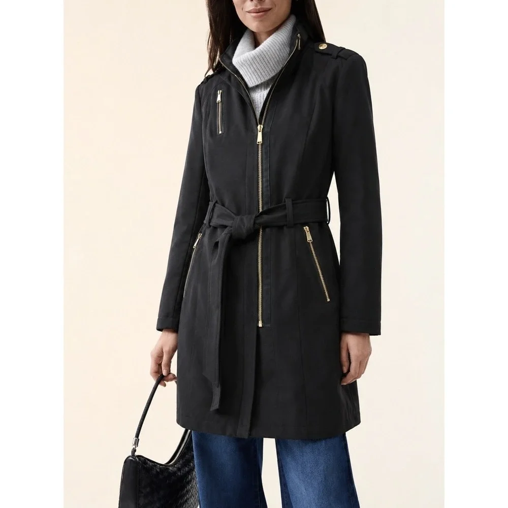 Michael Kors Black Belted Hooded Full Zip Trench Coat